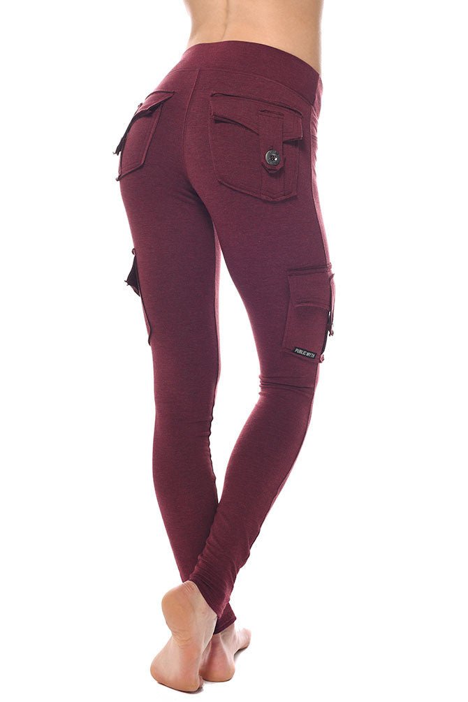 Maroon dark red bamboo cargo leggings with two back pockets and two side pockets