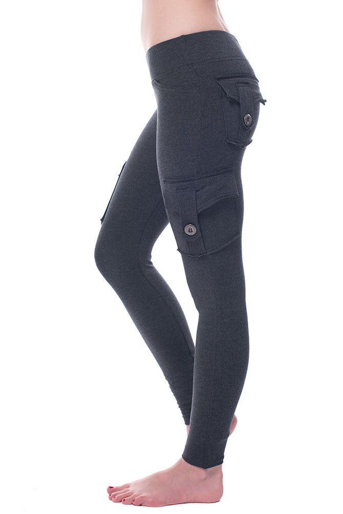 Dark gray bamboo pockets leggings with two back cargo pocket and two side cargo pockets