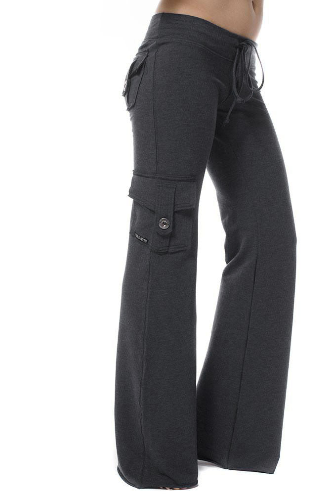 Charcoal dark gray bamboo yoga cargo pants with two back pockets, one side pocket and drawstring tie waist