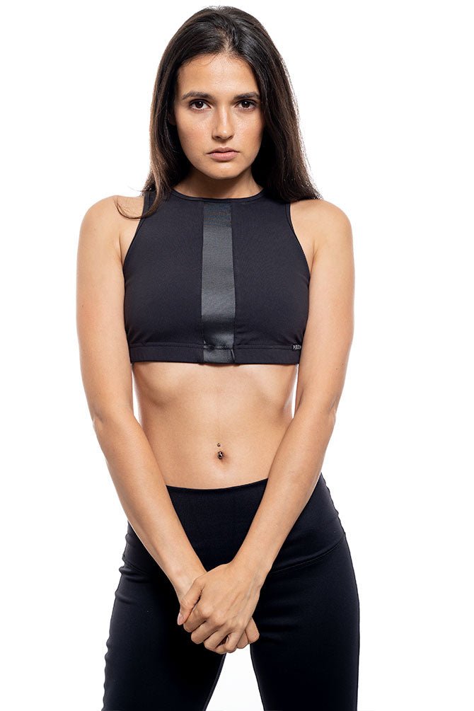 Black high neck sports bra with shinny black front panel