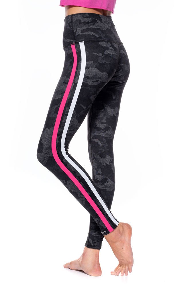 hot pink and white stripes on black camouflage leggings