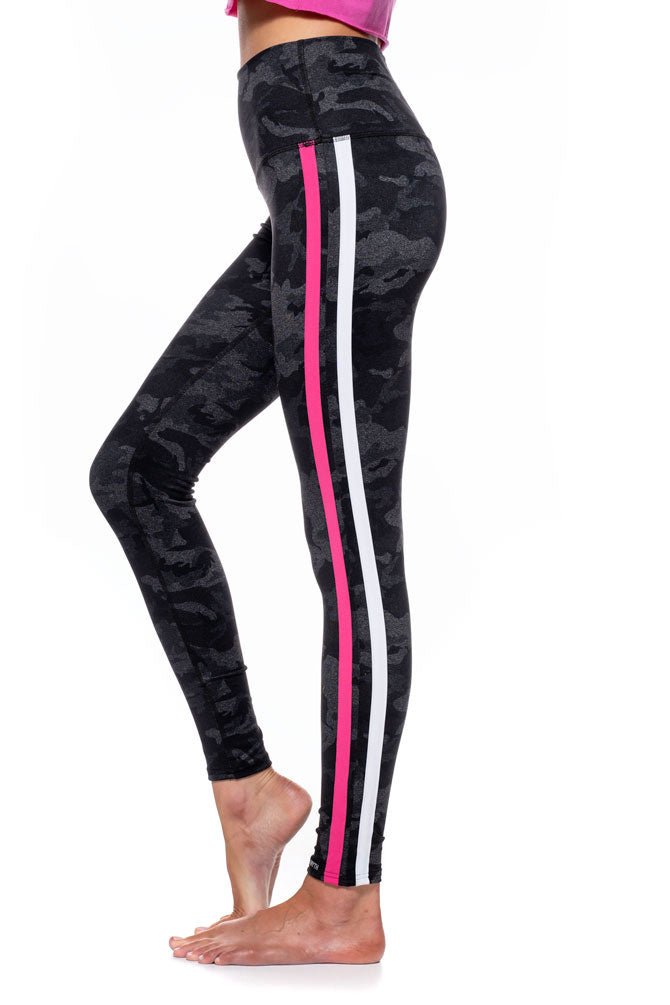 black camo side stripe leggings with hot pink and white striples