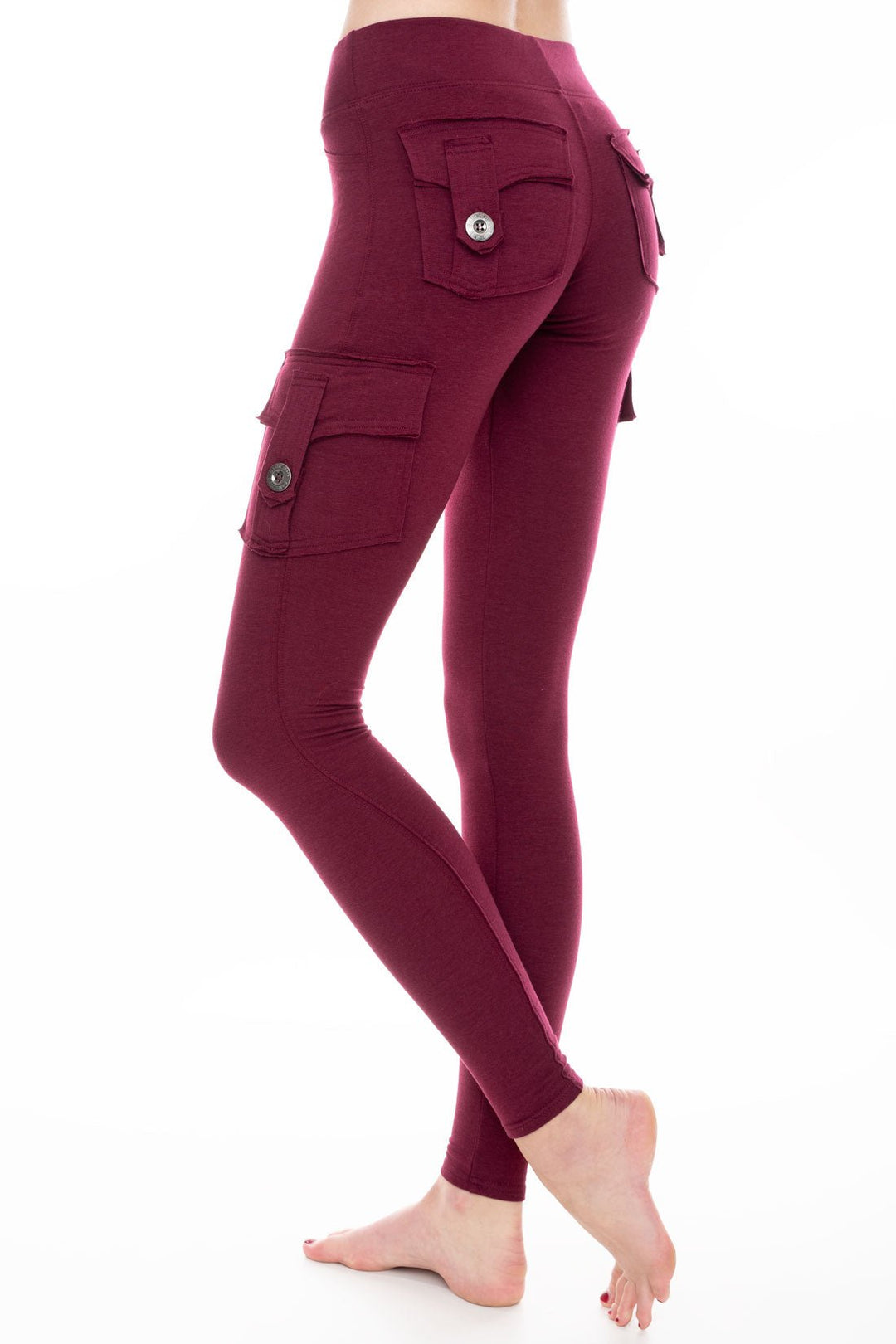 Dark red pocket leggings with back pockets and side pockets ethically made from Tencel Lyocell and organic cotton