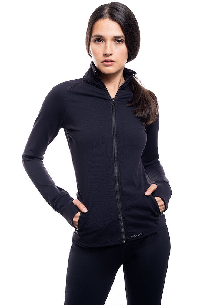 women's black zip up fitted workout jacket with thumbholes