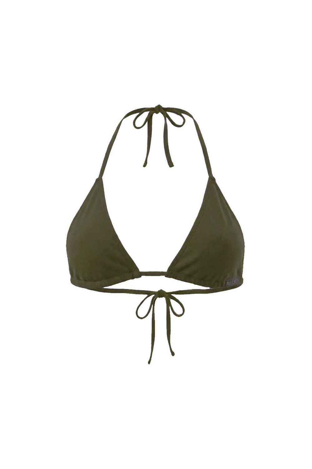 Olive green bamboo string bikini bikini top on a white background