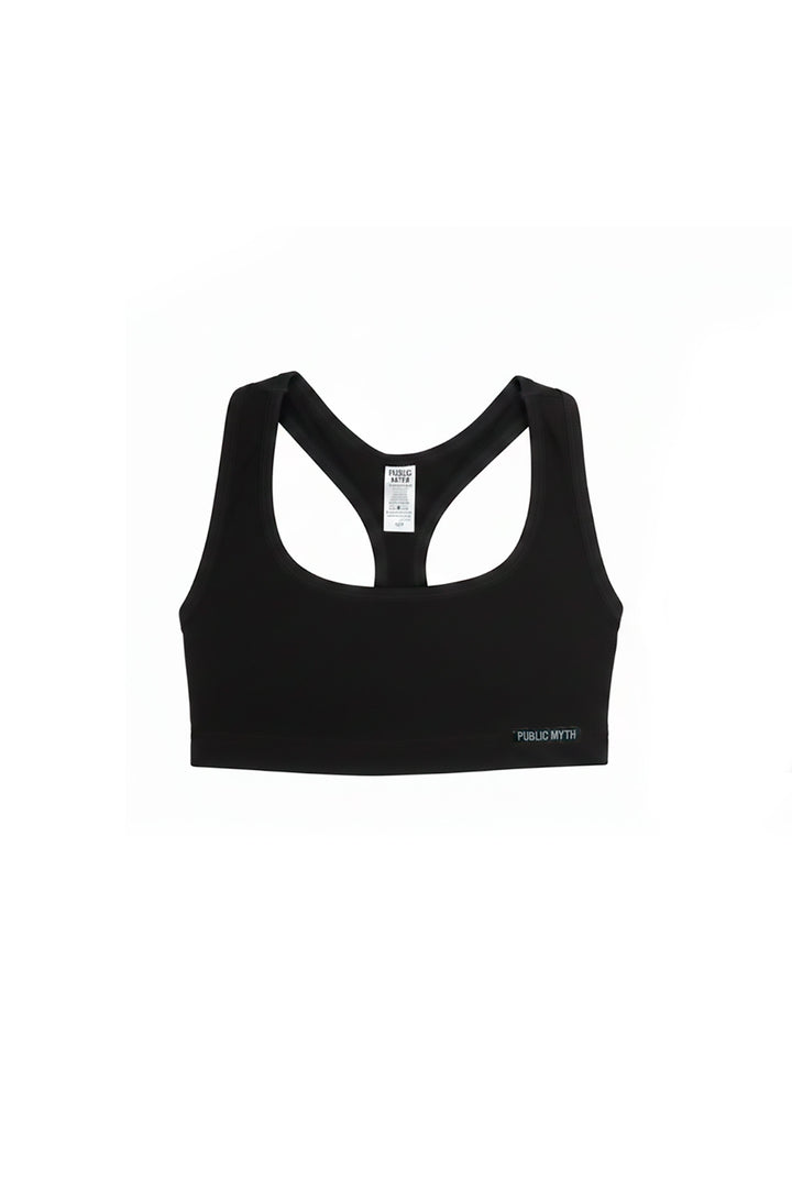 Black bamboo racerback 
sports bra with Public Myth logo on a white background