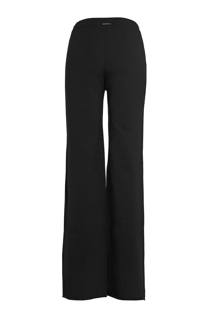The back of a black organic high waist yoga pant on a white background
