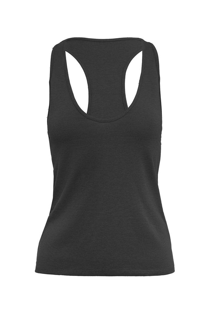 Black Aria organic cotton tank top with a scoop neck on a white background