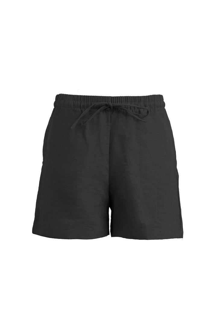 Black women's linen shorts with a drawstring waistband
