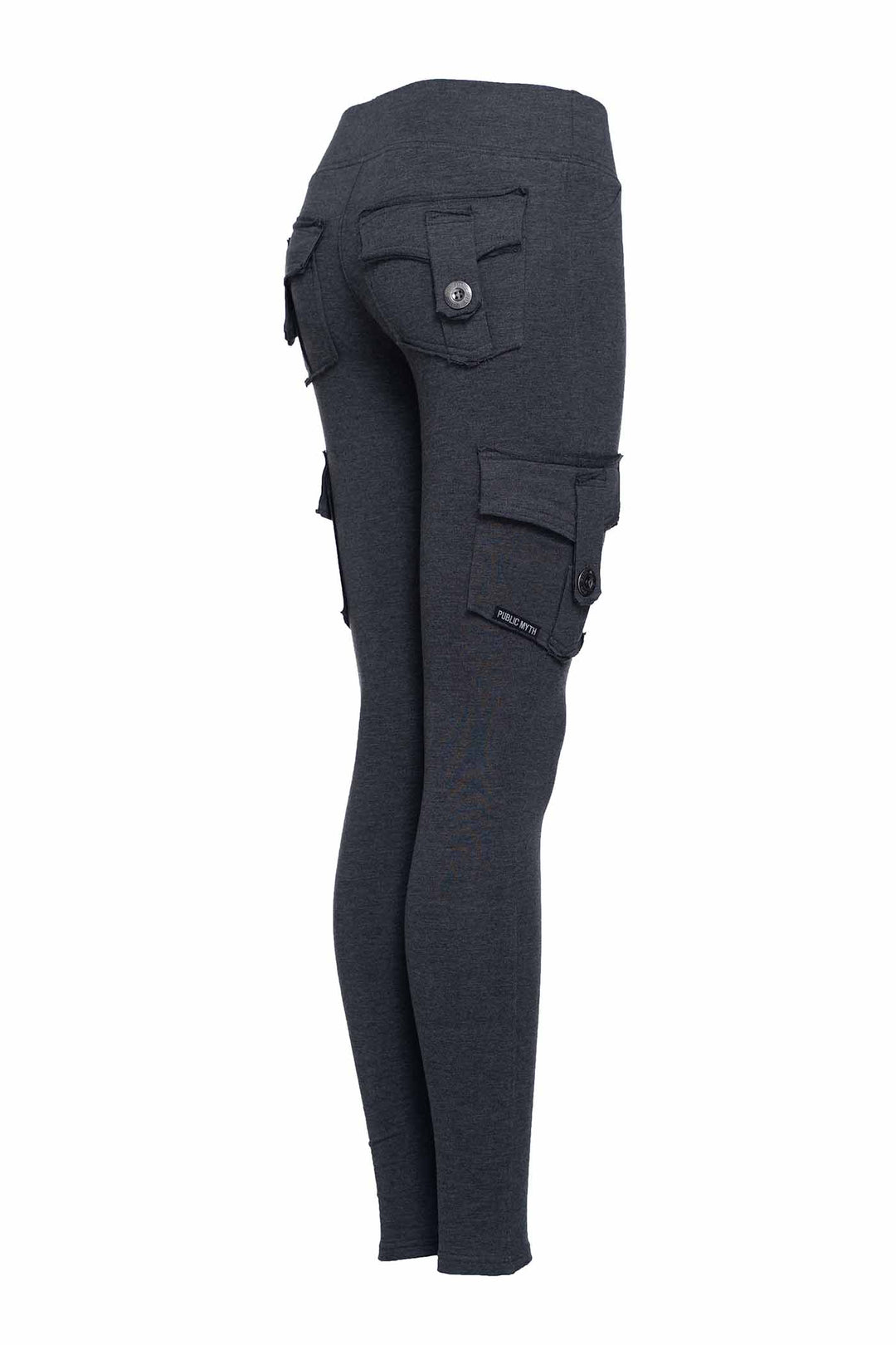 Dark gray cargo leggings with four pockets on a white background