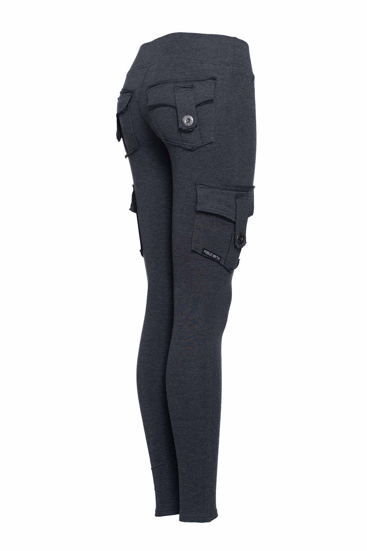 Dark gray cargo leggings with four pockets on a white background