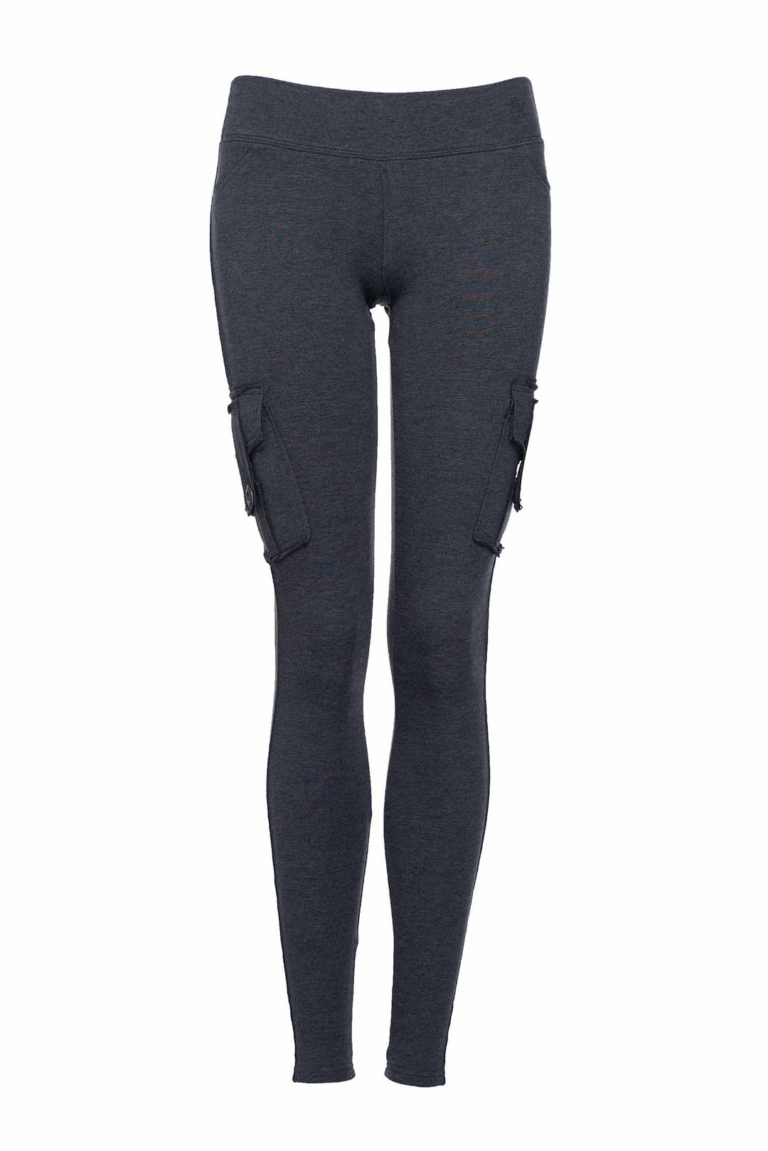 Dark gray leggings with cargo pockets on a white background