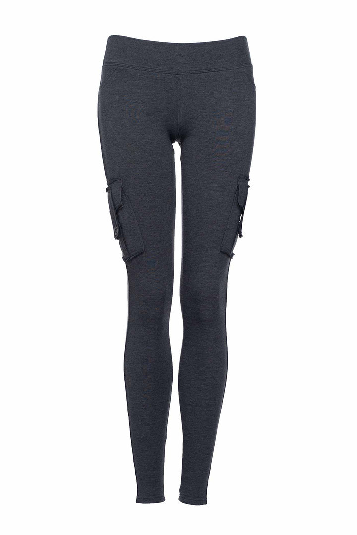 Dark gray leggings with cargo pockets on a white background