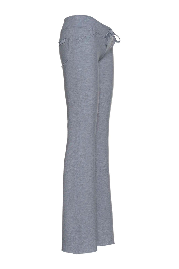 Heather grey low rise flare pants with drawstring and pockets