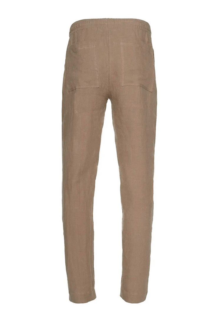 Men's tan linen pants with back pockets