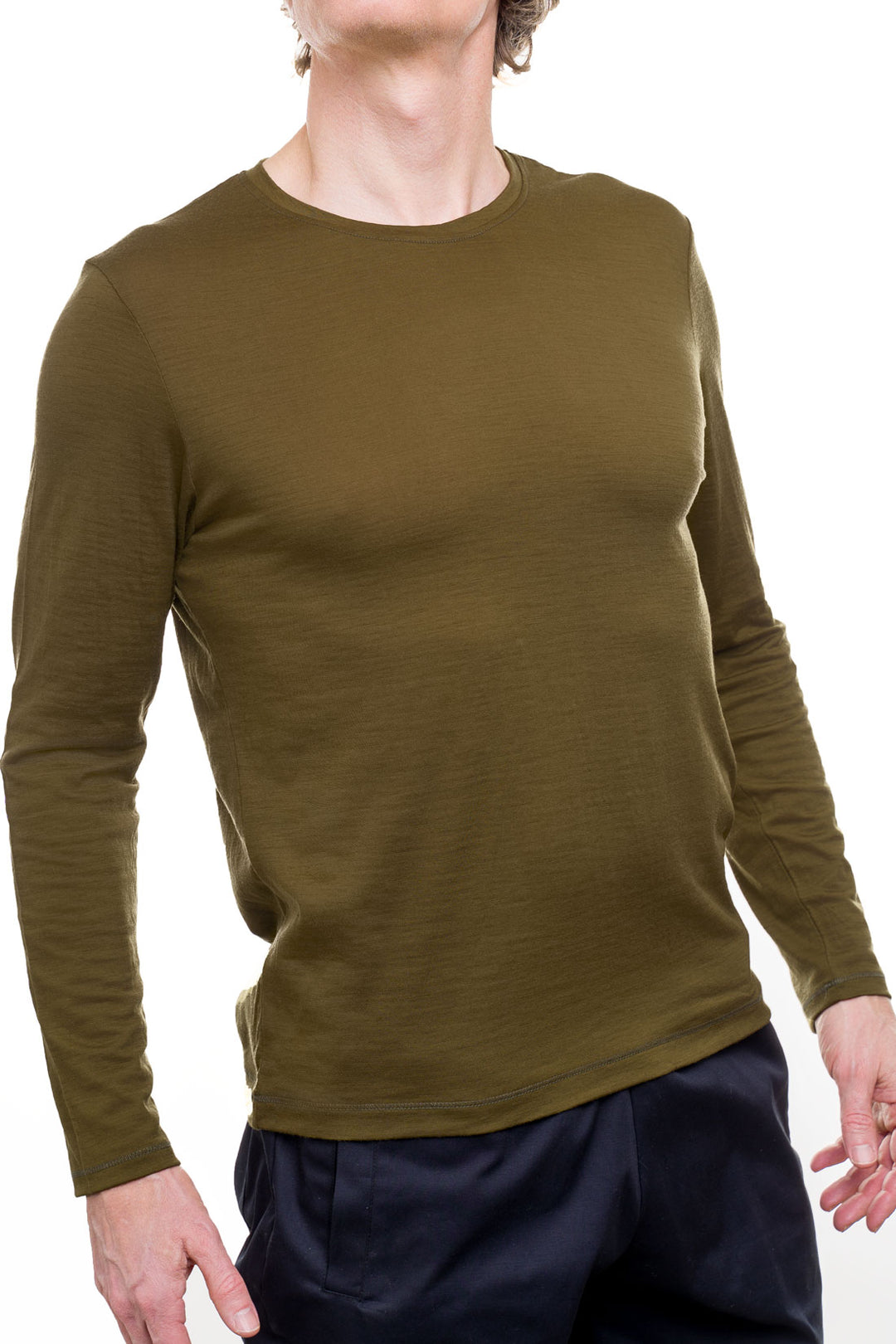 Long Sleeve Superfine 100% Merino Wool Shirt in olive green