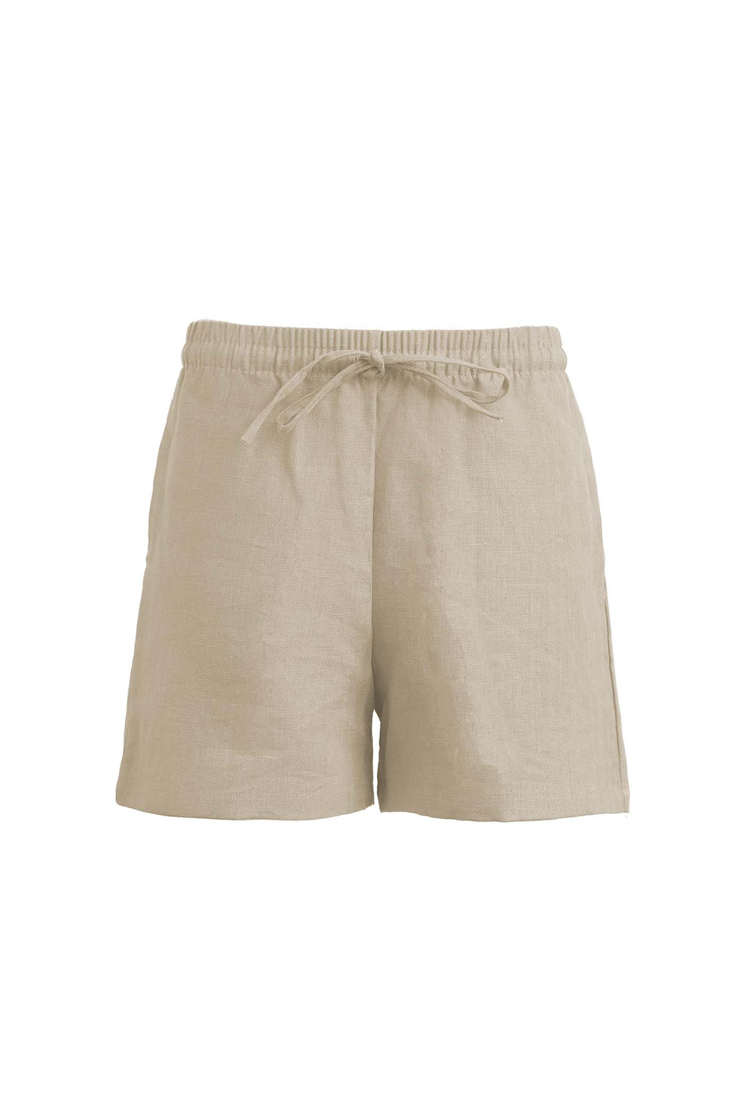 Natural undeyed women's linen shorts with a drawstring waistband