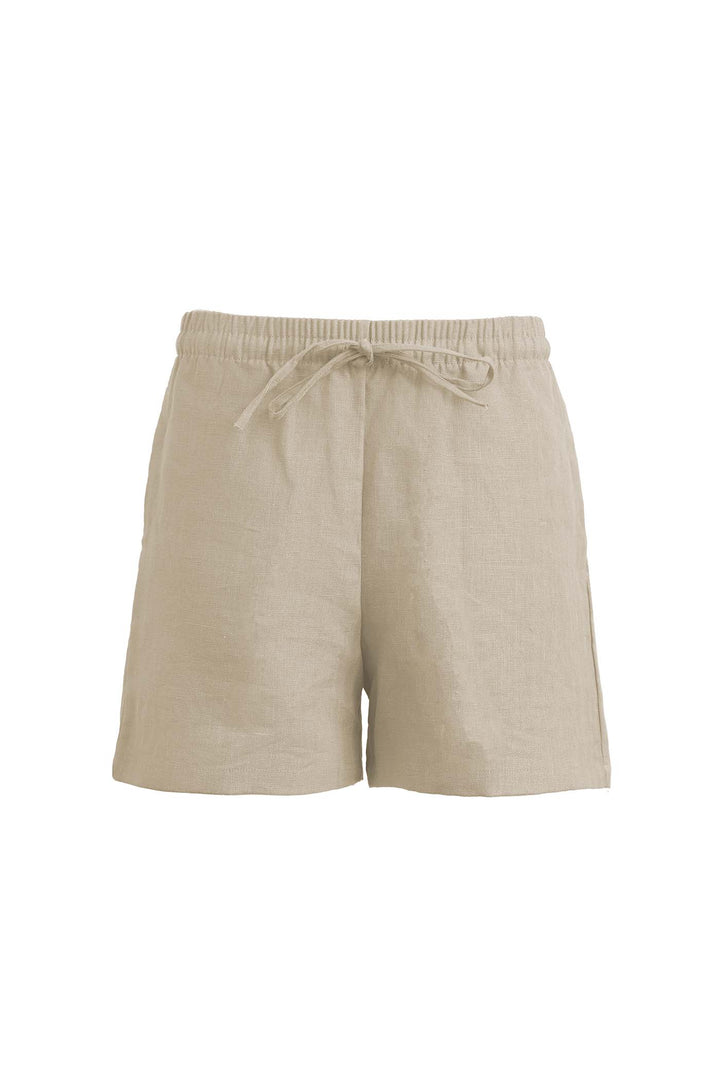 Natural undeyed women's linen shorts with a drawstring waistband