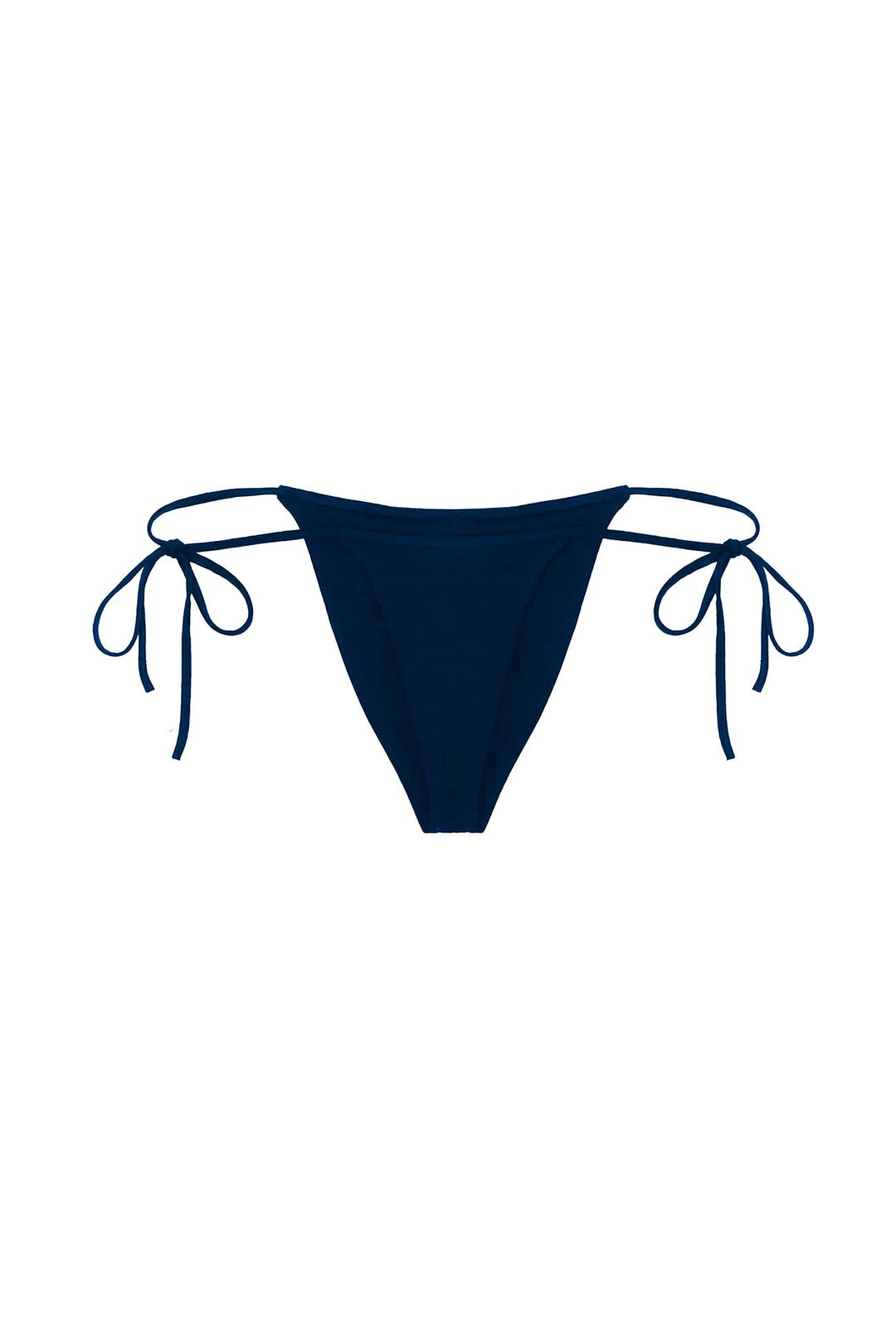 A pair of navy blue 100% merino wool string bikini bottoms displayed flat against a solid white background.