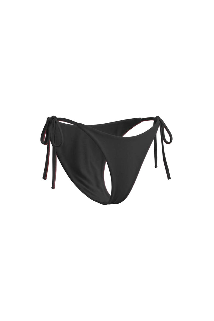 Black side tie string bikini bottom made from sustainable organic materials