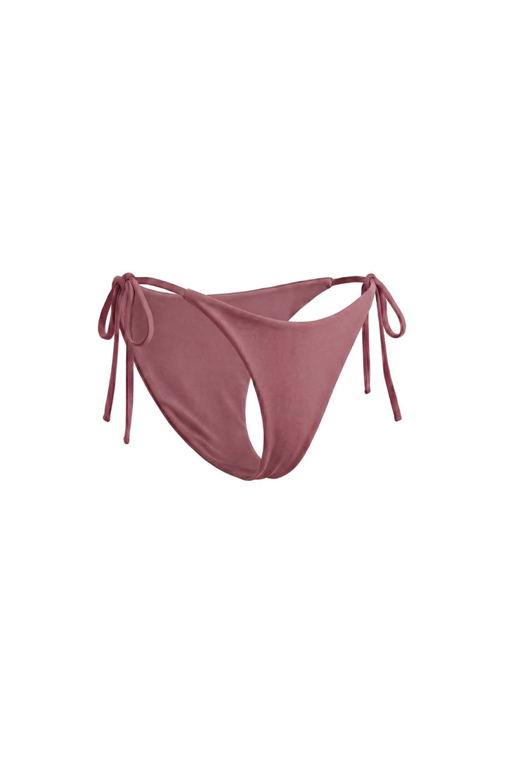 Organic side tie string bikini bottom in a dusty rose color