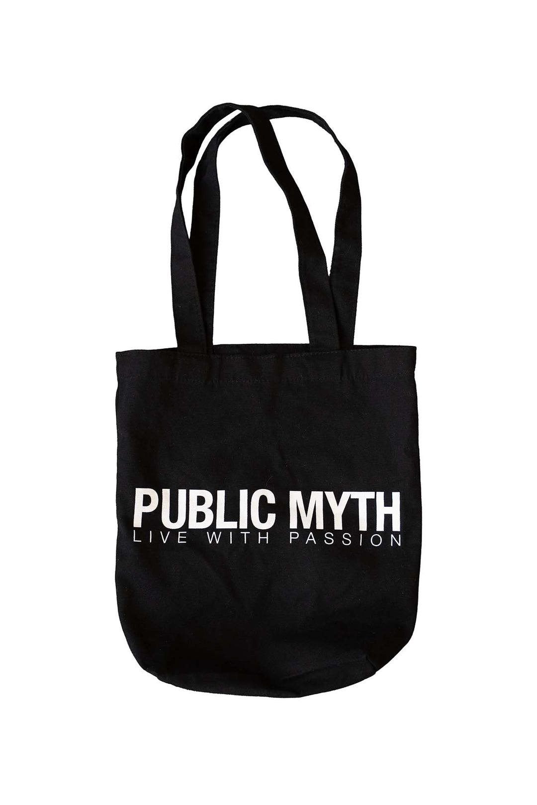 Black cotton canvas tote bag with 'PUBLIC MYTH LIVE WITH PASSION' text on a white background