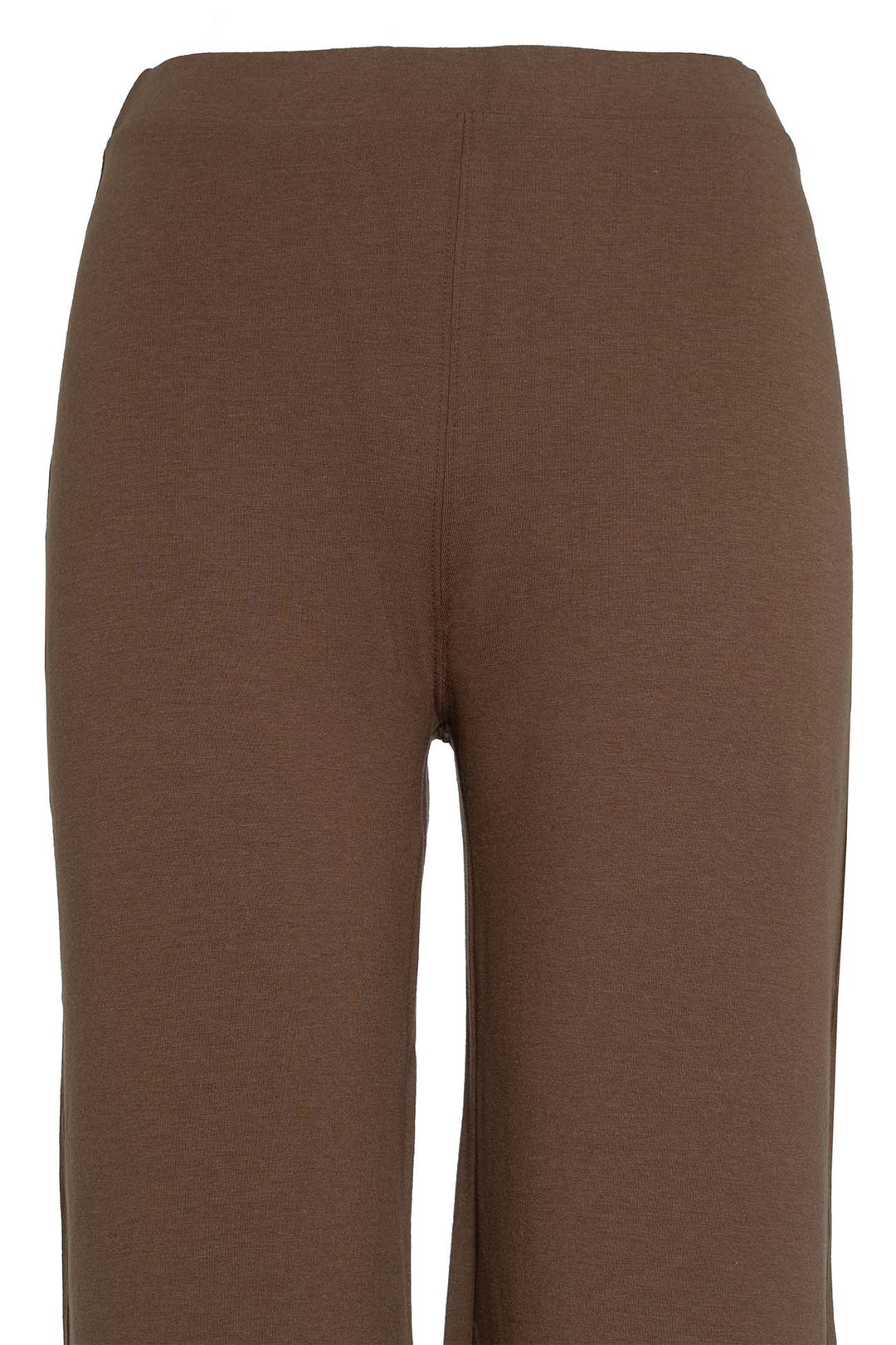 A closeup view of a the waist of an organic cotton Tencel high rise waistband yoga pant. 