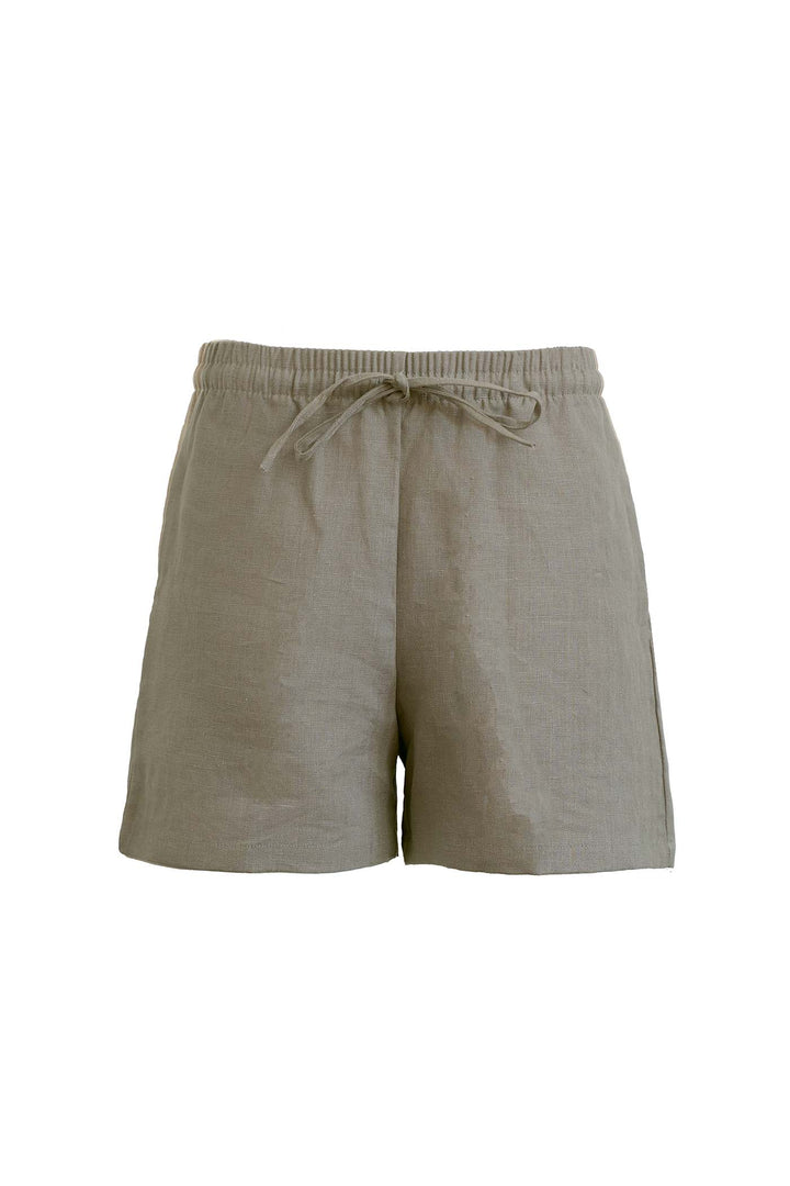Taupe women's linen shorts with a drawstring waistband