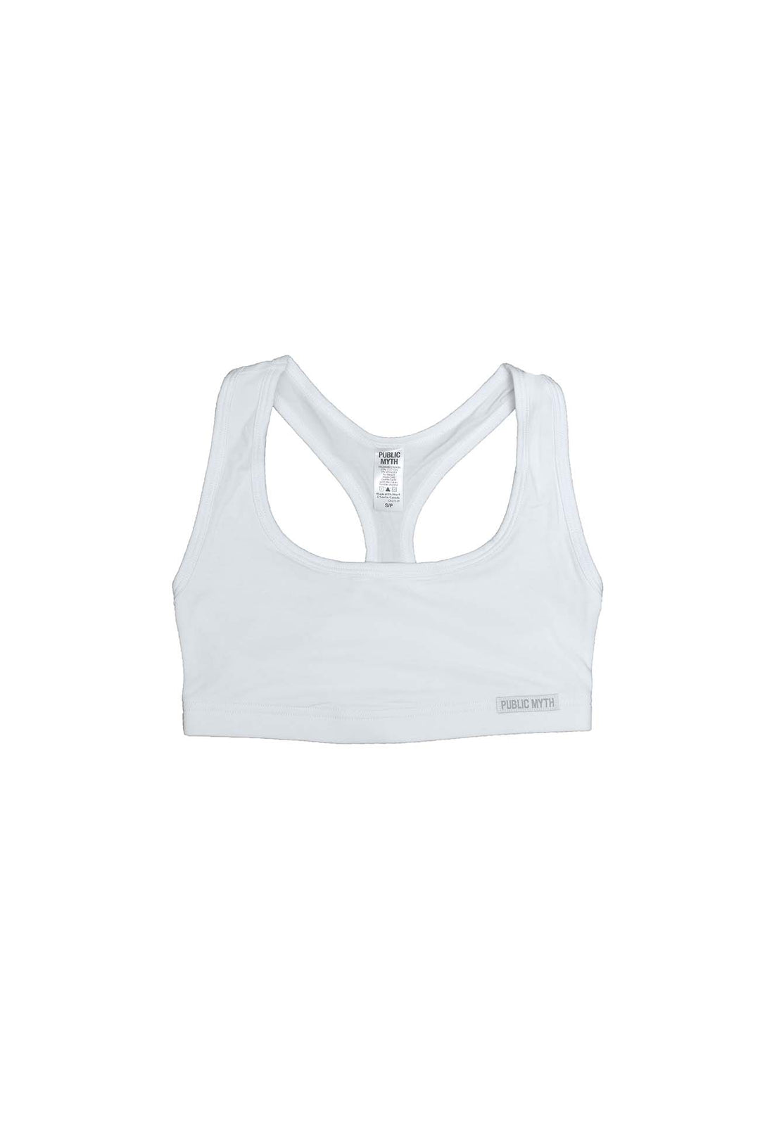 White bamboo racerback sports bra on a white background