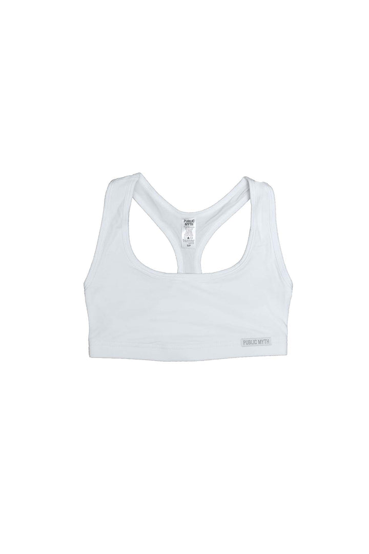 White bamboo racerback sports bra on a white background