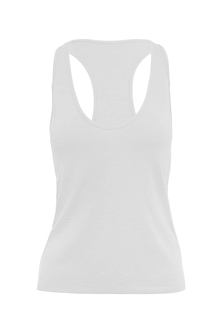 White Aria organic cotton tank top with a scoop neck on a white background