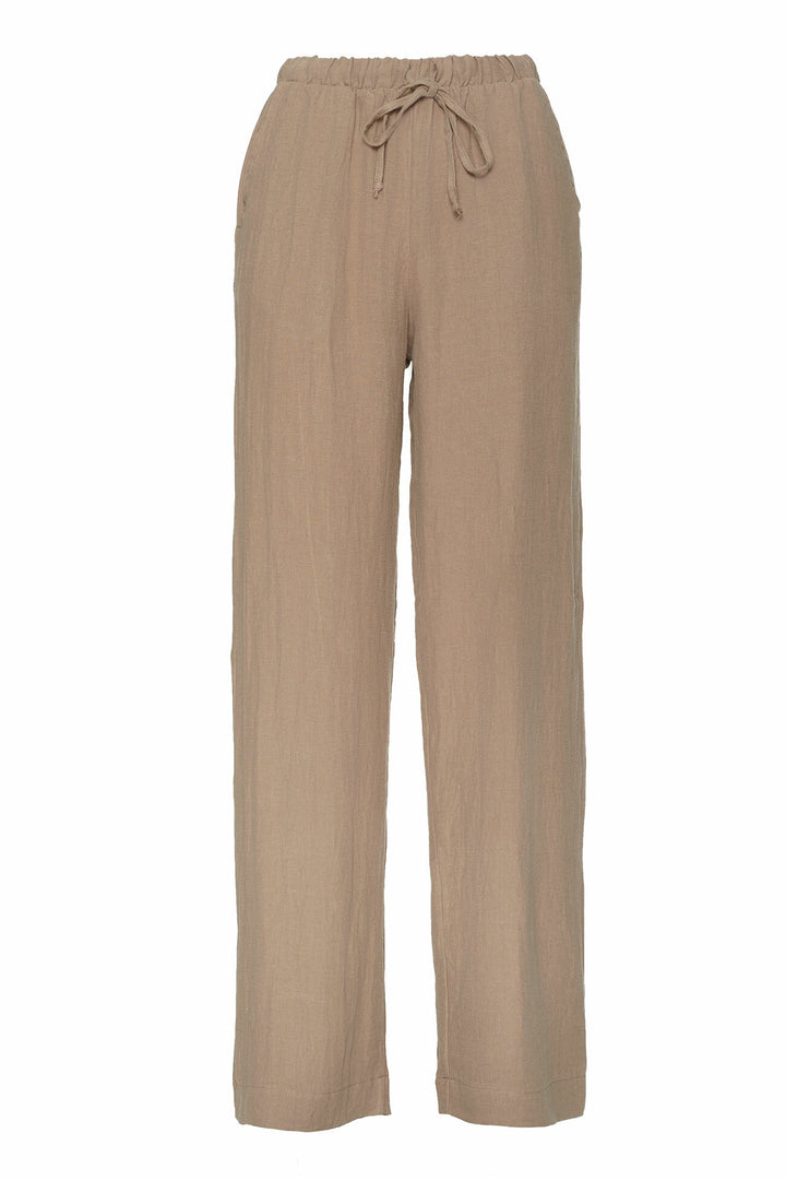 Women's beige wide leg linen pants with drawstring