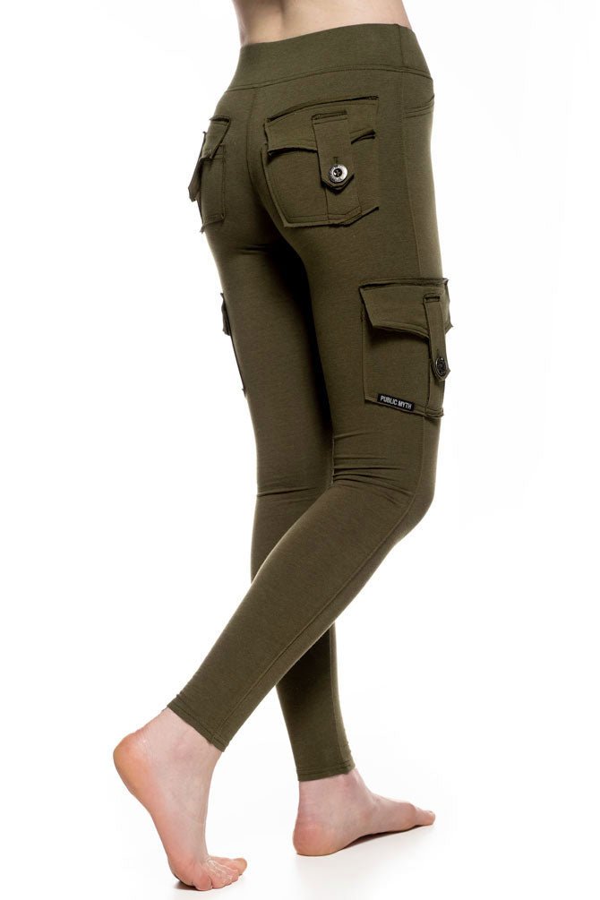 Dark olive green bamboo pocket leggings with two back cargo pockets and two side cargo pockets