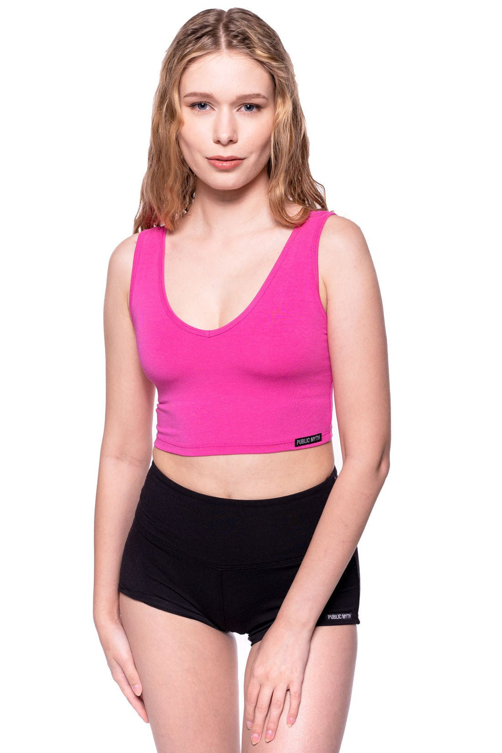 Hot pink V neck sports bra