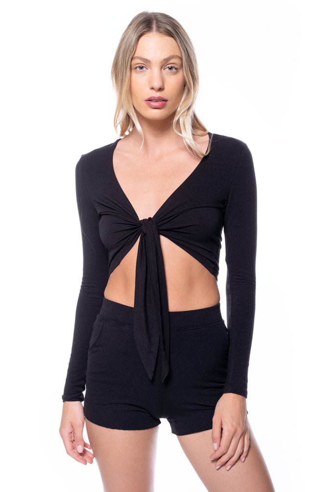 Black long sleeve front tie top outfit