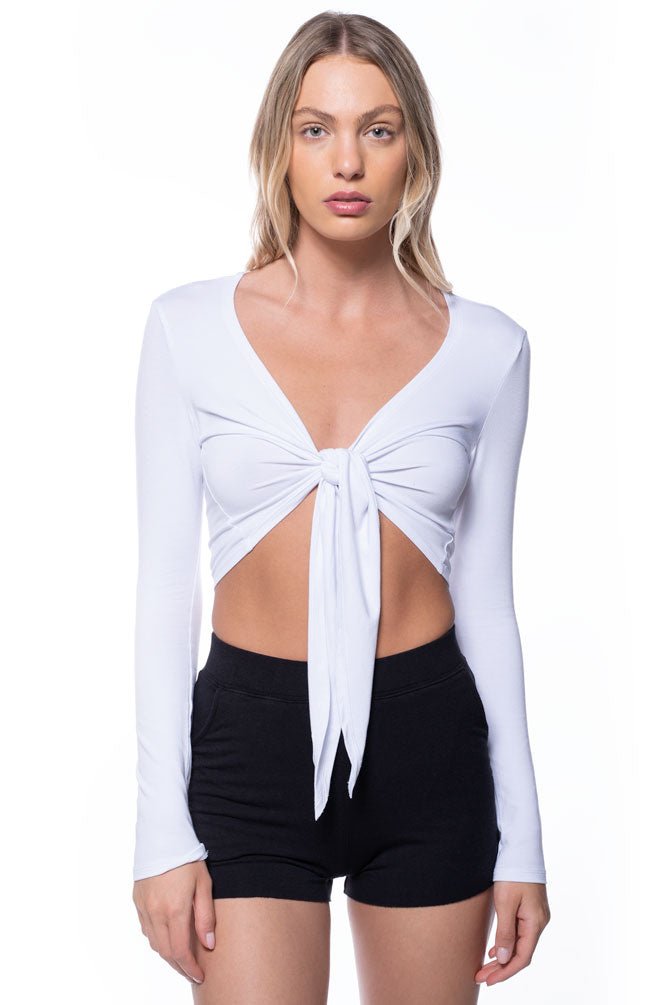 white long sleeve front tie top with black shorts outfit