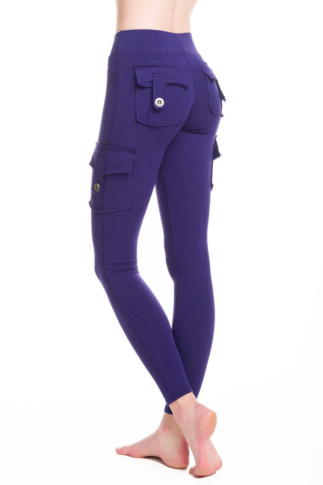 Dark purple bamboo cargo leggings with two back pockets and two side pockets