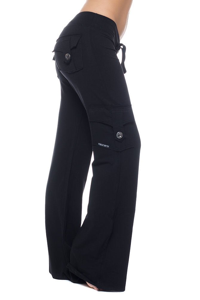 Black bamboo yoga cargo pants with two back pockets and one side pocket