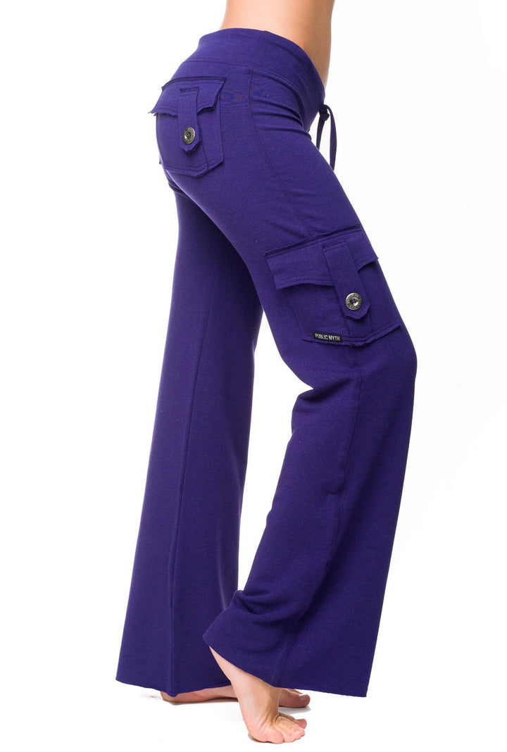 Dark purple bamboo yoga cargo pants with two back pockets and one side pocket