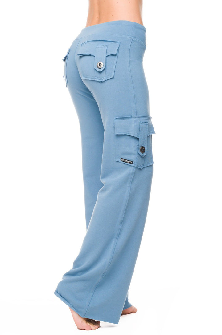Blue bamboo yoga cargo pants with two back pockets and one side pocket