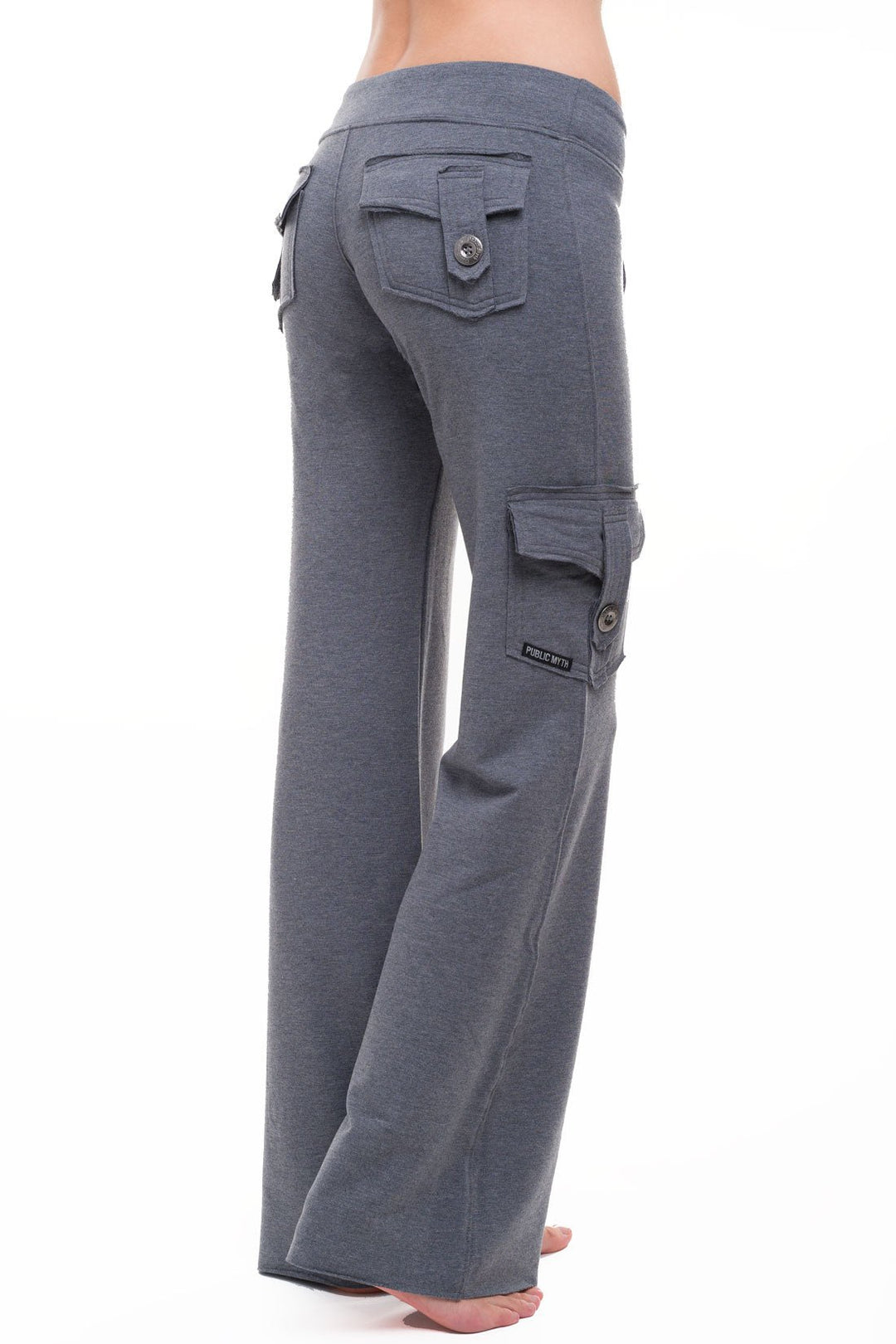 Grey wide leg bamboo cargo yoga pants with back pockets and a side pocket
