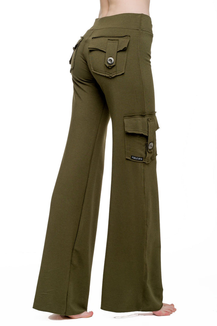 Olive green bamboo yoga cargo pants with two back pockets and one side pocket