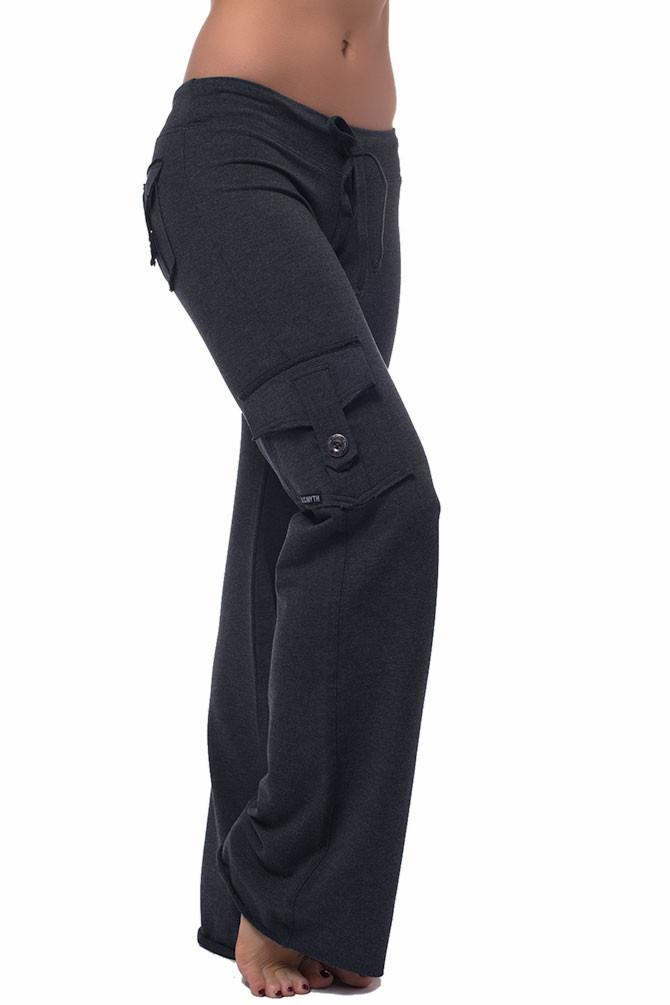 Charcoal grey bamboo yoga cargo pants with a side pocket and drawstring waist tie
