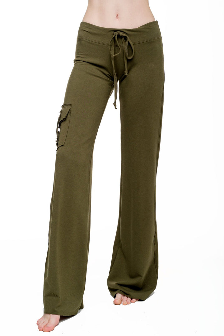 Army green bamboo yoga cargo pants with a side pocket and draswstring tie waist