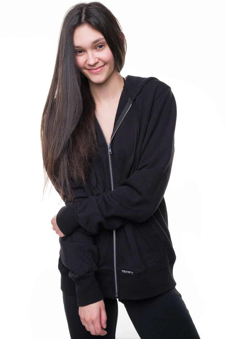 Women's black organic cotton hoodie with silver metal zipper