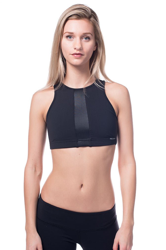 Black high neck sports bra with gloss black front panel