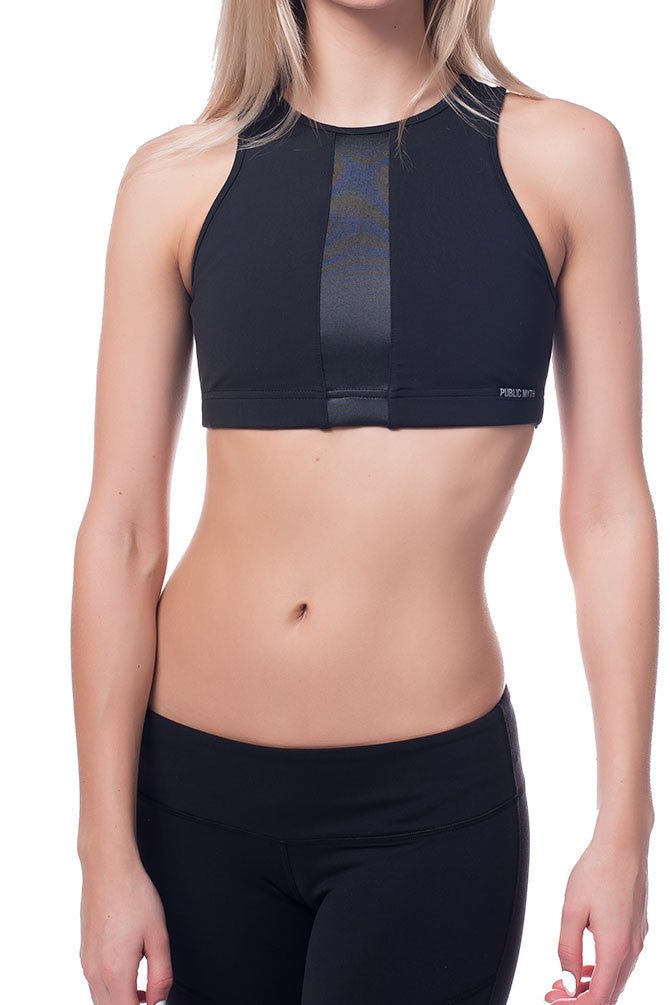Black high neck sports bra with gloss black front panel