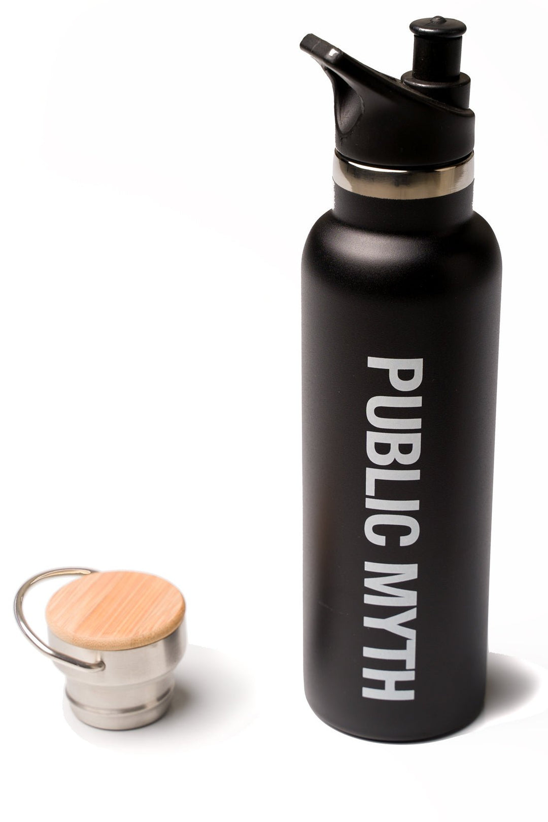 Public Myth stainless insulated steel water bottle with a bamboo top