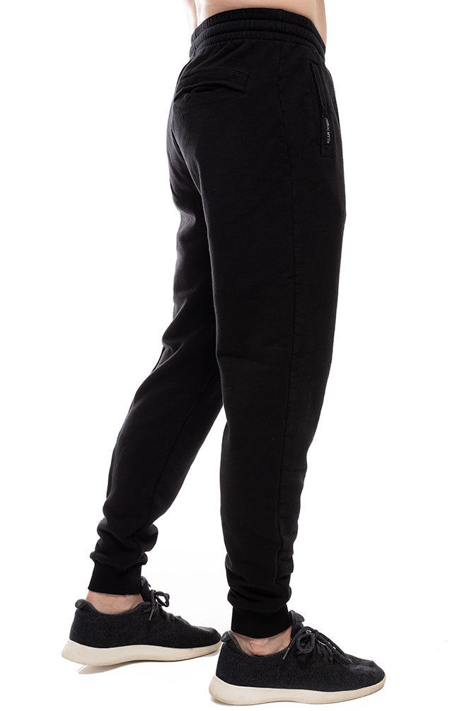 black organic cotton men's sweatpant ethically made form organic cotton and bamboo with four pockets