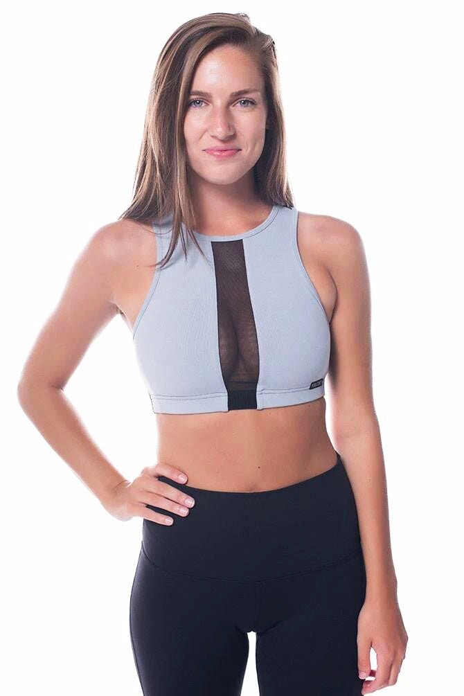 Gray and black mesh sports bra
